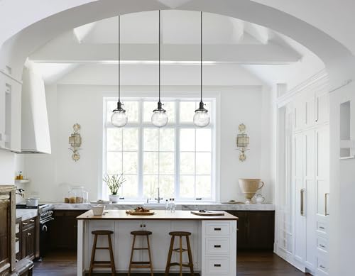 Image of Phansthy Kitchen Island Lighting, 3 Lights Linear Chandeliers, Hanging Light with 5.9 inch Globe Striped Glass Shade, 3-Light Pendant Light Fixtures for Dining Room Farmhouse (Black, Long Base)