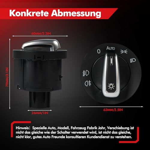 OTUAYAUTO Lichtschalter Kompatibel mit Golf Plus 05-13, Golf V 03-08, Passat B6 05-09, Jetta III 05-10, Auto Scheinwerferschalter Hauptlichtschalter 5ND941431B, 3C8941431A