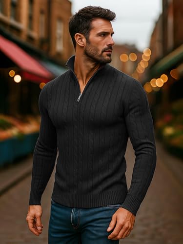 Image of TYSORT Men High Neck Zipper Full Sleeve Cable Knitted Winter Sweater,Cable Knit Sweater for Men