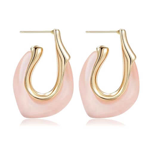 Resin Huggie Hoop Earrings Chunky Statement Vintage Earrings Cute Summer Acrylic Drop Earring Unique Trendy Jewelry Gifts for Women(Pink)