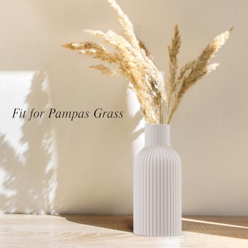 White Ceramic Flower Vase, Minimalist Modern Home Decor, Matte Finish Pampas Grass Vase for Table, Fireplace, Shelf, Mantel, Entryway and Centerpieces
