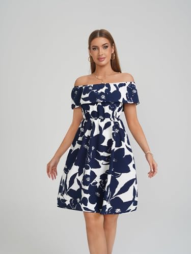 Image of Womens Off Shoulder Ruffle Floral Wedding Guest Dresses A Line Shift Short Skater Dress