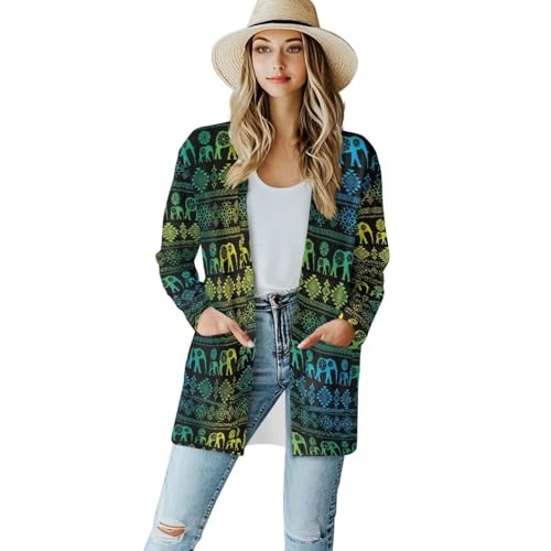 Image of Women's Aztec Open-Front Jacket Lightweight Casual Outerwear Native Western Aztec Pattern & Plaid Houndstooth Print