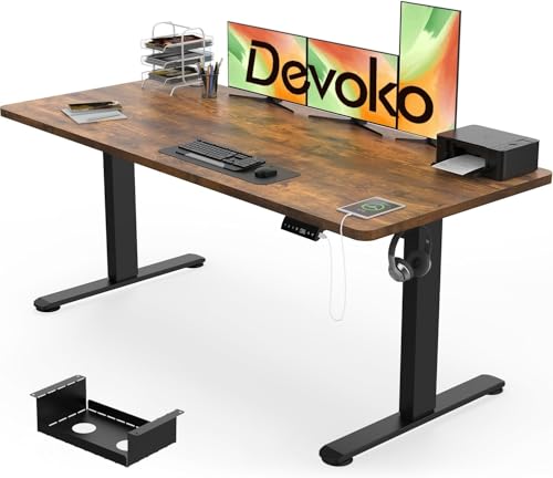 Devoko Electric Standing Desk 160x80cm, 18mm Thick Tabletop, Sit-Stand Height Adjustable with Sedentary Reminder, USB Charging Port, 3 Memory Smart Panel, Heavy-Duty Steel Frame (Rustic Brown)