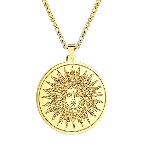 QIAMNI 316L Stainless Steel Coin Necklace Ancient Greek Sun God Helios Amulet Pendant Keep Safe and Smooth (gold)