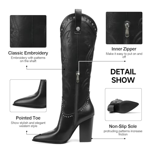 Image of VOMIRA Knee High Cowboy Boots for Women Pointed Toe Chunky High Heels Pull-on Embroidered Boots Western Boots Wide Calf Cowgirl Boots