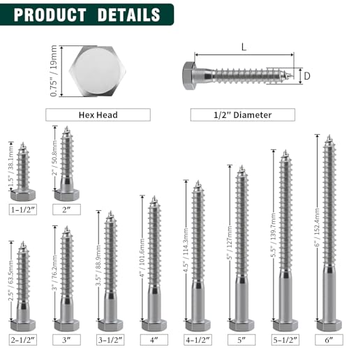 Tornillos Tirafondo Hexagonales 1/2 x 6 pulgadas Acero Inoxidable 304 Paquete de 4 miniatura 5
