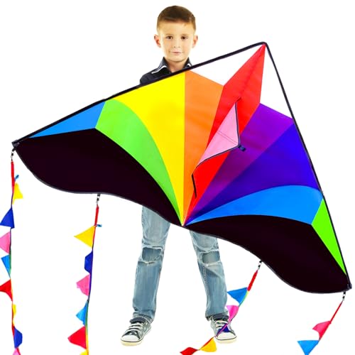 Kaiciuss Rainbow Kite for Kids & Adults Easy to Fly, Large Single Line for The Beach, 55' x 28' Delta Kite Comes with 300 FT String Handle