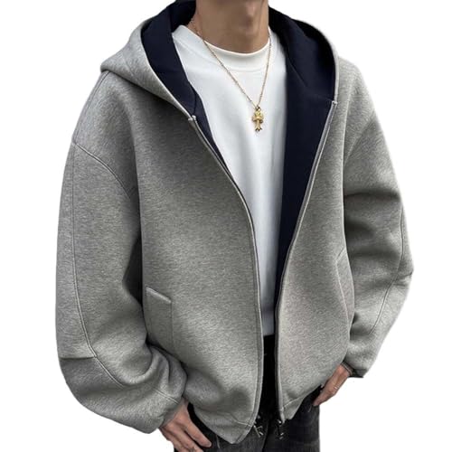 [Yezai] パーカー メンズ 秋服 大きいサイズ スウェット ジップパーカー 冬服 アウター フード付き ファスナー ルーズ 無地 春服 配色 グレー 2XL