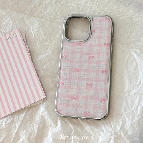 Coque iPhone 15 paillettes anti-jaunissement rose avec cadre plaqué et motif nœud
