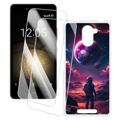 OAGELIM 2er Pack Bildschirm Schutzfolie + Hülle Kompatibel mit BQ Aquaris U Plus (5 Zoll) Künstlerisch Bedruckte Hülle & Gehärtetes Glas Kratzfest (Astronaut)