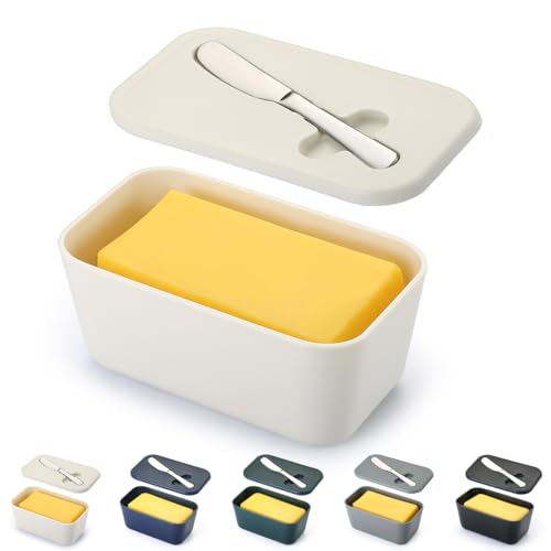 ReaNea Mantequera con tapa para encimera y estante de refrigerador, contenedor de plástico para mantequilla con cuchillo de mantequilla, fácil de recoger, apto para lavavajillas