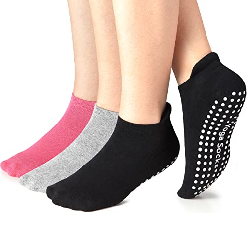 Yoga-Socken, rutschfest, Pilates-Socken mit Zehen, Baumwolle, für Damen und Herren, 3 Paar/Schwarz/Grau/Rosa, Einheitsgröße Cover