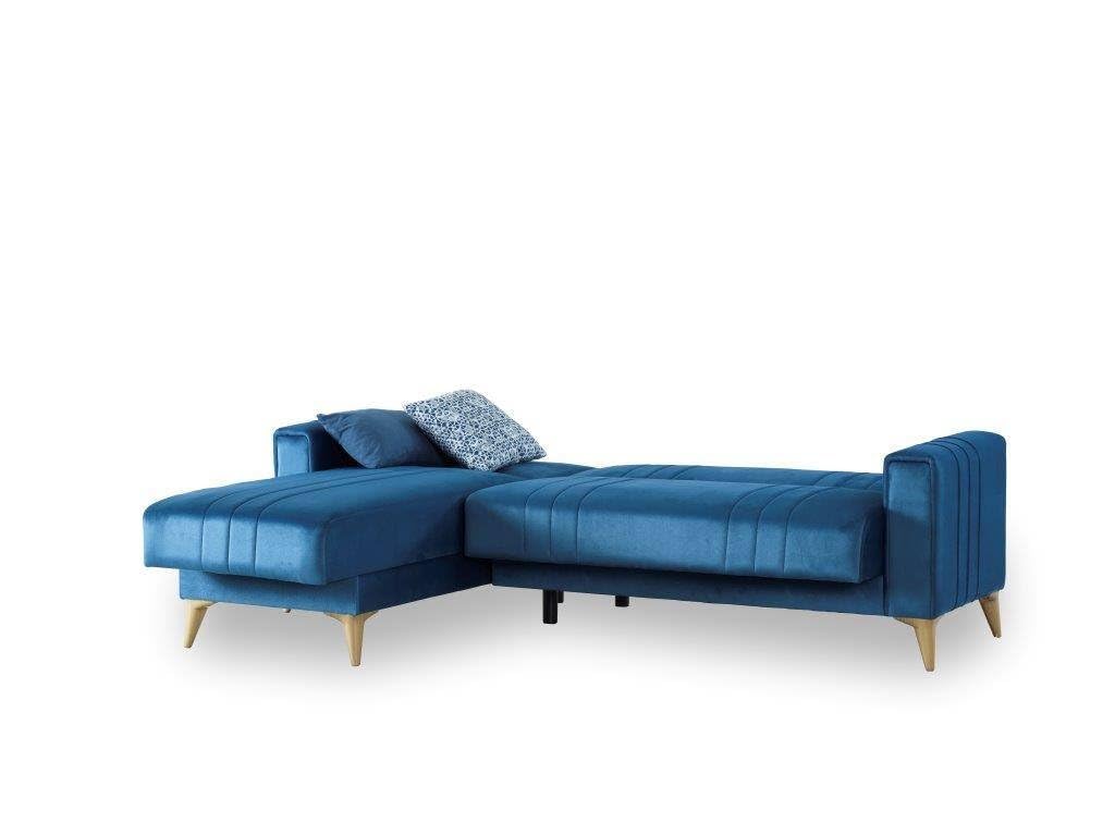 Divano Letto con penisola Miguel, Divano Contenitore ad Angolo con 3 Cuscini, Sofà in Tessuto con Apertura Click-clack, 225x151h84 cm, Blu