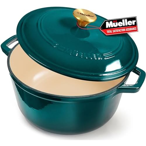 Mueller DuraCast 6 Quart Enameled Cast Iron Dutch Oven Pot with Lid, Heavy-Duty, Oven Safe up to 500° F & Across All Cooktops, Wedding Registry Ideas & Gifts, Emerald