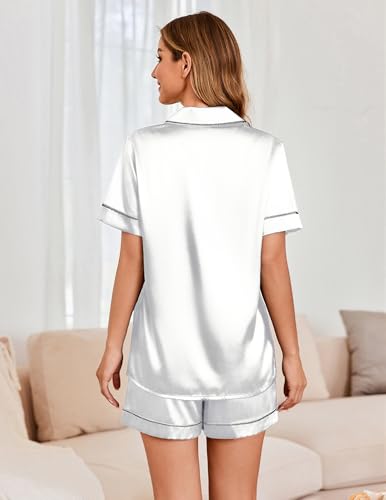 Image of Ekouaer Womens Satin Silk 2 Piece Pajamas Set Short Sleeve Sleepwear | Button Down Top and Shorts Loungewear Set for Sleep, Home, Wedding, Travel, Party, Daily Wear & Great for Sharing