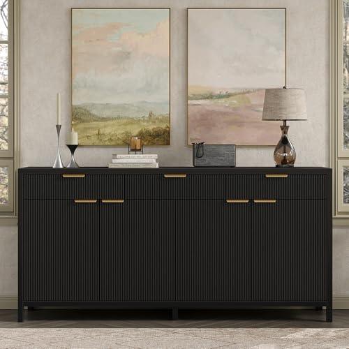 Yanosaku 66" W Fluted Buffet Cabinet, Sideboard Storage Cabinet with 3 Drawers & 2 Cabinets, Mid-Century Coffee Bar Table for Living Room, Black