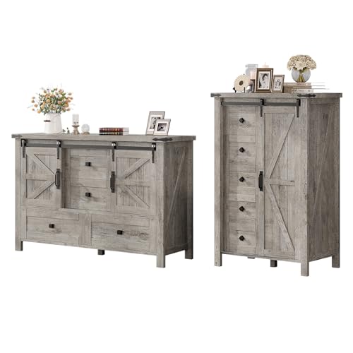 AMERLIFE 2PCS Farmhouse Dresser Set with Sliding Barn Doors, Bedroom