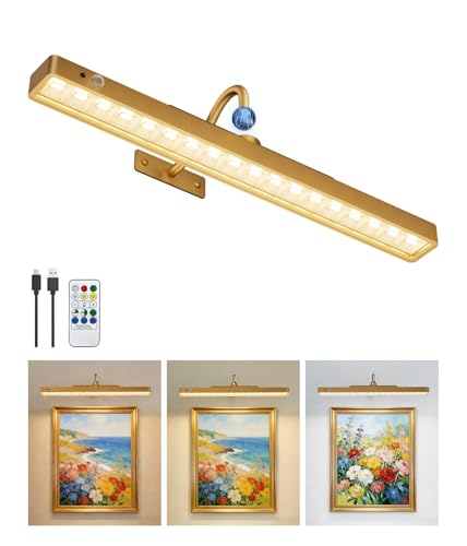 16'' Wireless Picture Lights with Motion Sensor, 6000mAh Rechargeable Battery Light for Wall, 3CCT Dimmable, Timer, Rotatable Head, Magnetic Poster Lights with Remote for Gallery, Living Room- 1Pack