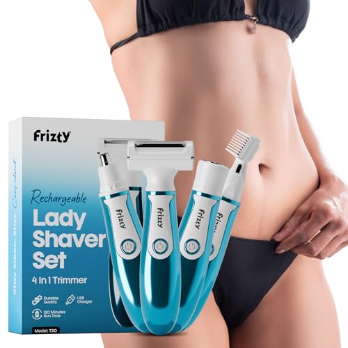 Frizty Adjustable 4 in 1 Face & Body Hair Trimmer for Women | 4 Heads- Bikini & Body Shaver, Face & Eyebrow, Nose and Ear Trimmer | Rechargeable | Full Body Hair Removal Machine for Women