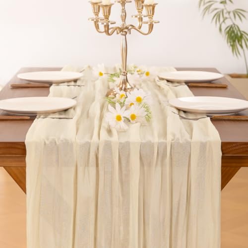 Image of Socomi 3pcs Beige Easter Spring Cheesecloth Table Runner Boho Rustic Gauze 120 inch 10FT Cheese Cloth Runner for Wedding Party Baby Shower Birthday Home Decor Holiday Decorations
