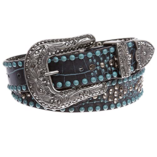 Western Croco Print Rhinestone & Turquoise Studded Leather Belt2