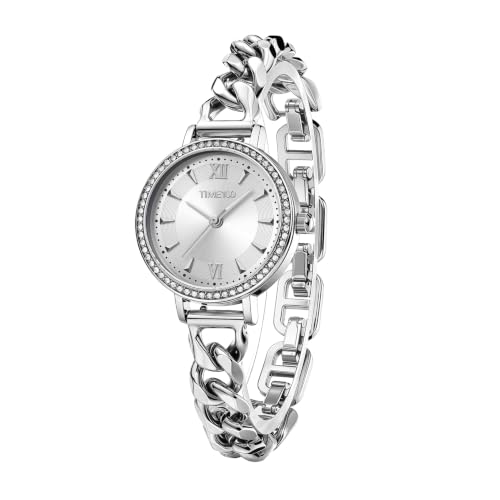 TIME100 Montre Femme Mini Bracelet Quartz Lunette Cristal Argent