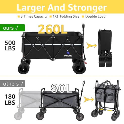 Image of ROSONG Collapsible Wagon Cart with Wheels Foldable - Folding Utility Heavy Duty Wagons Carts for Grocery Sports Garden Shopping Camping Wheelbarrows (Black, 260L)