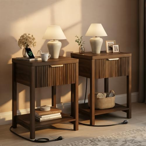 Night Stand Set 2, Fluted Wood Nightstands w/Charging Station for...