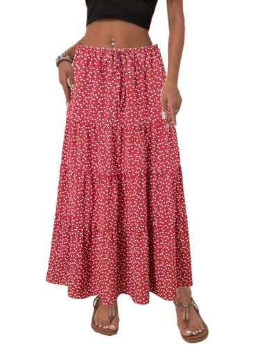 Women's Bohemian Maxi Skirt Summer Swing Tiered Flowy Elastic Waist Pleated Long Dress