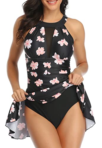 Femme Maillot de Bain 1 Pièce avec Jupette Push Up Rembourré Cache Amincissant Bikini Jupette Tankini Taille Haute Beachwear Vintage (Noir-Fleur, 2XL)