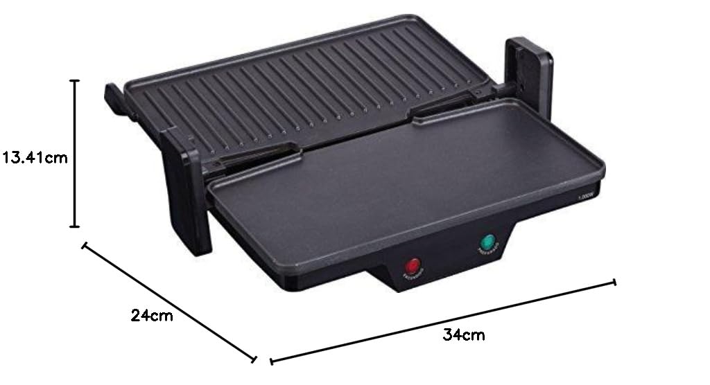 JATA GR266 - Parrilla Electrica Grill. Plancha Eléctrica 3 en 1. 1000 W, Placas Mixtas Antiadherentes 27 x 14 cm, Placa Superior Baja Recta. Apertura 180 grados, libre de PFOA
