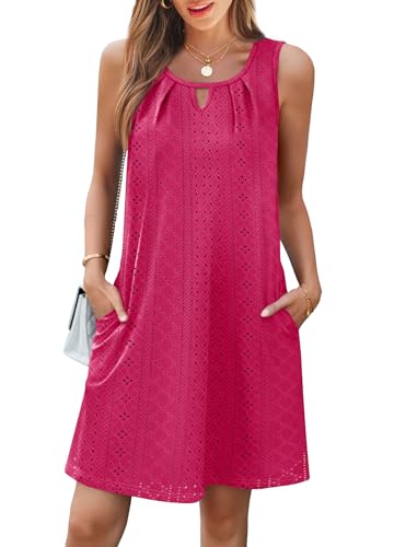 Image of RUMIA Swimsuit Coverup for Women Summer Sleeveless Beach Dress | Crew Neck, Pockets, Eyelet, Boho, Above knee Length, A-Line. Everyday wear, Sundresses, Cruise Wear, Vacation essential