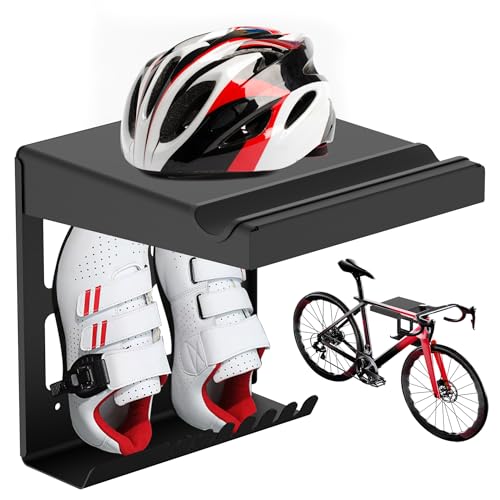 Mimoke Indoor Fahrrad Wandhalterung Garagen Wandmontierter Fahrradständer für Fahrräder mit Regalhaken, Kompaktes Robustes Design, Schutzpolster, Zusätzlicher Stauraum, Einfache Installation (Schwarz)