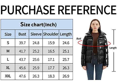 Crissrexo Women's Metallic Shiny Puffer Jacket Quilted Winter Warm Zip Stand Collar Casual Padded Short Bubble Coat (Black, Large) #TOP5