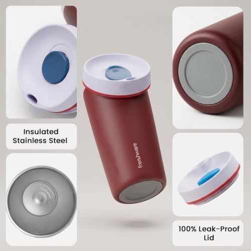 Image of Frenchware AeroMug Insulated Stainless Steel Coffee Tumbler, 600 ml | Smooth Sip Slider, Reusable, Hot & Cold Coffee Travel Mug, Dark Merlot