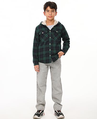 Image of ZENTHACE Boys Sherpa Fleece Lined Flannel Plaid Button Down Shirt Jacket,Hooded Flannel Shirt with Hand Pockets