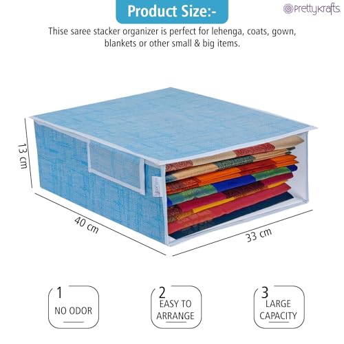 Image of PRETTY KRAFTS Stackable Fabric Saree Storage Organizer for wardrobe, Clear front window with Lid, Stackable organizers, Perfect to organize sarees in a wardrobe, Set of 3, JuteBlue
