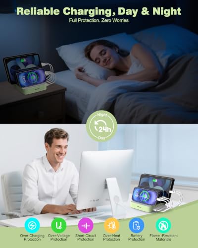 Image of MSTJRY Charging Station for Multiple Devices : 5 Port Multi USB-A Charger Stations Multi-Device Organizer Charging Dock Designed for iPhone iPad Cell Phone Tablets (7 Short Cables Included), Cyan