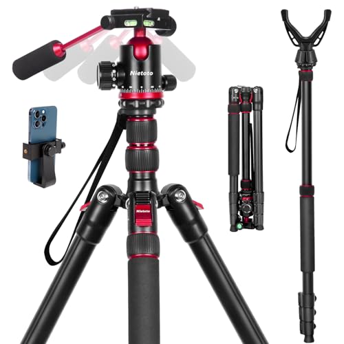 Image of Nietoto 2 in 1 Camera Tripod & Hunting Stand Foldable, 68" Ball Head Tripod for Camera and Phone, Heavy Duty Tripod for DSLR Camera Lasers Binoculars Telescope Spotting Scope, Min Size 16.5" with Bag