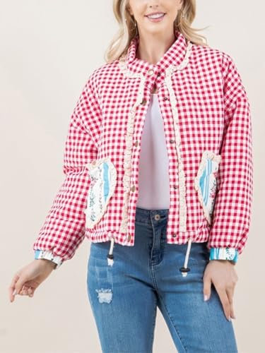 Womens Plaid Heart Pocket Jacket Snap Button Cropped Puffer Jacket Winter Gingham Heart Jacket Coat Outwear4