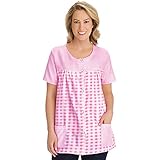 Collections Etc Women's Seersucker Checkered Pattern Snap Front Top with Pockets, Lightweight Short-Sleeve Scoop Neckline Shirt, Pink, X-Large