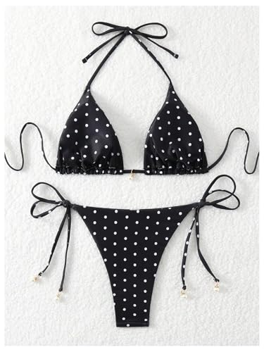 Image of SOLY HUX Women's Polka Dots Print Bathing Suit Halter Triangle Tie Side Bikini Sets Two Piece Swimsuit
