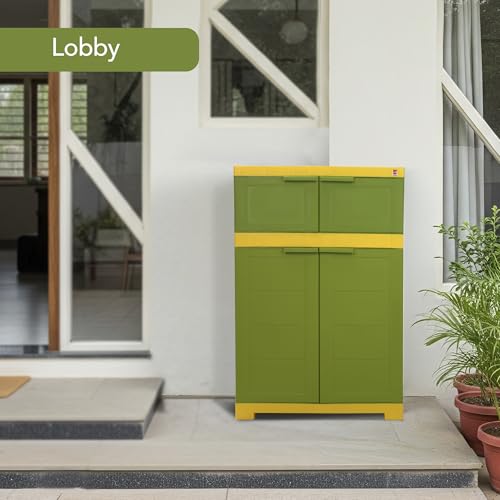 Image of Cello Novelty Dual Plastic Shoe Rack with Dustproof Doors| 3 Year Warranty | Chappal /Slipper /Footwear Stand for Home, Living Room, Office, Outdoor| Green & Yellow Colour