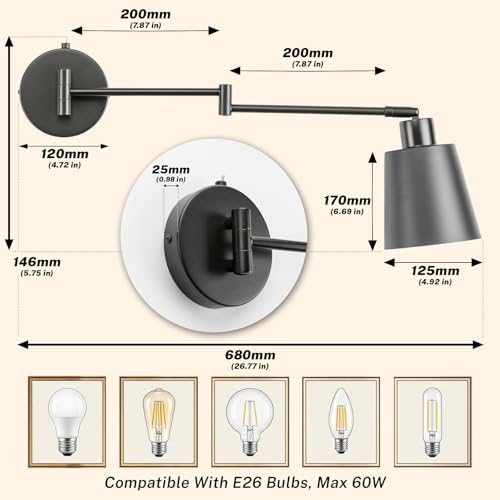 Image of OSYNNIQ Wall Sconce Light with Adjustable Swing Arm for Bedside Reading | Wall Lamp, Modern, Industrial, Lighting Fixture, Black, Hardwired, for Bedroom /Living Room /Indoor, E26 Bulb Included