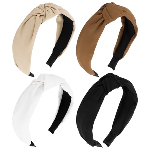 AOPRIE Fasce per capelli da donna, con nodo, per ragazze, fasce per capelli da donna, tinta unita, turbante, fasce larghe per donne, nero, bianco, beige, confezione da 4