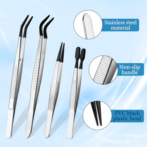 4 Pcs Stainless Steel Tweezers Set with Rubber Tips Tweezers Sewing Machine Tweezer Straight& Flat &Long Bent End Pincers Universal Tweezer for Jewelry Craft Coin Stamp Beads Lab Tongs - Image 2