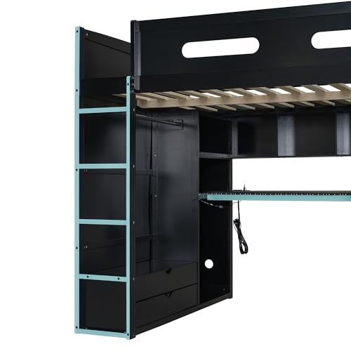 Image of Harper & Bright Designs Full Size Loft Bed with Desk, Wardrobe, Ample Storage Space, Solid Wood Gaming Loft Bunk Bed Frame with RGB Lights, No Box Spring Need, Space-Saving, Cloud Blue