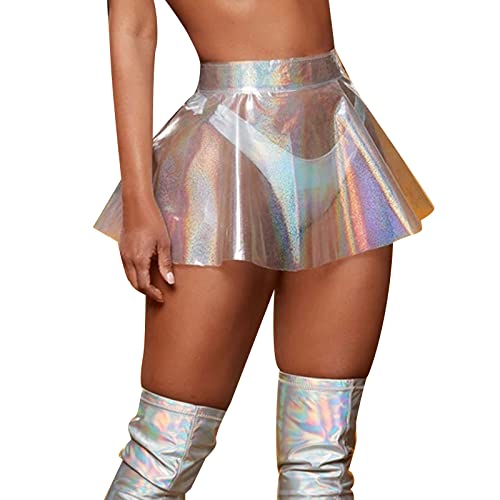 Women's Flared Pleated Skirts Shiny See Through Mini Skirt High Waist Clubwear Novelty Skirt for Women