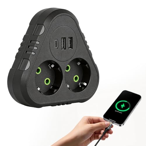 Wxeadu Ladron Enchufes, 2500W/10A Regletas Enchufes, Enchufe Multiple con 2 Enchufes, 2 USB, 1 Tipo C, Enchufe de Pared, Enchufes Superficie para Hogar, Oficina, Viaje ﻿